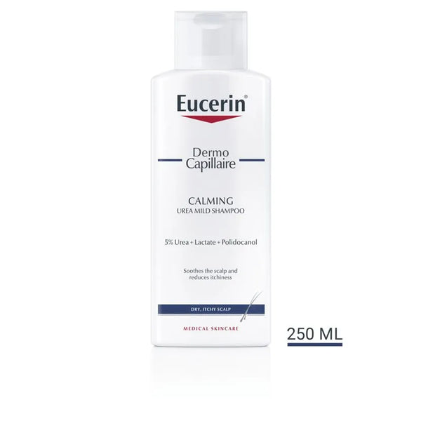 Close-up of Eucerin shampoo bottle, emphasizing soothing properties for dry, itchy scalp.