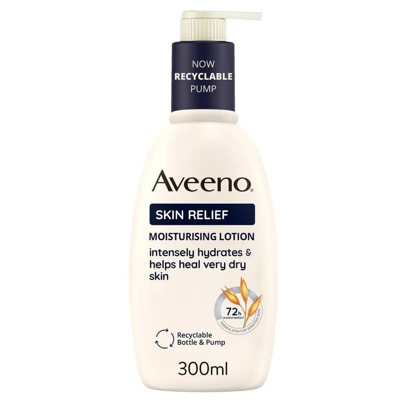 Aveeno Skin Relief Moisturising Lotion 300ml with recyclable pump, hydrates very dry skin.