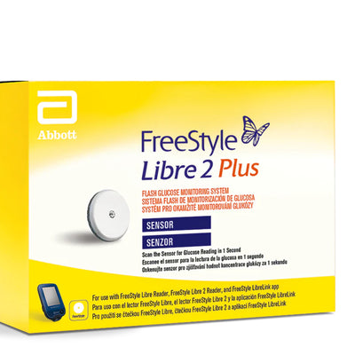 Abbott FreeStyle Libre 2 Plus sensor packaging on a white background