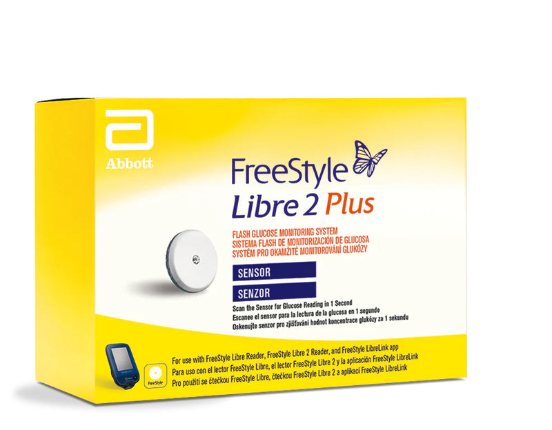 Abbott FreeStyle Libre 2 Plus sensor packaging on a white background