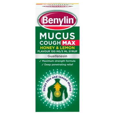 Benylin Mucus Cough Max Honey & Lemon syrup packaging on a white background