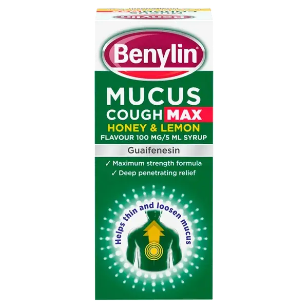 Benylin Mucus Cough Max Honey & Lemon syrup packaging on a white background