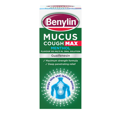 Benylin Mucus Cough Max Menthol packaging on a white background