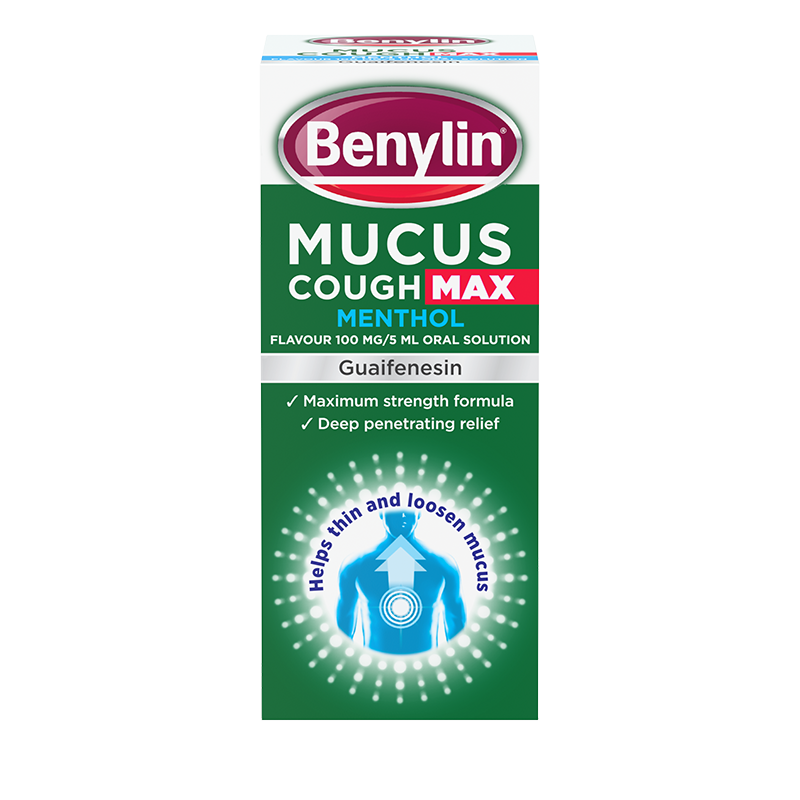 Benylin Mucus Cough Max Menthol packaging on a white background