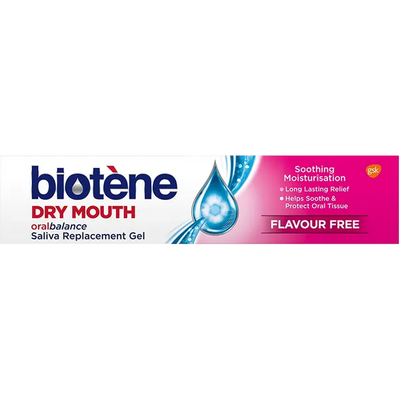 Biotène Dry Mouth Gel 50g box for flavour-free, long-lasting saliva relief and oral moisturisation