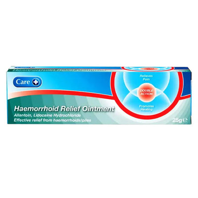 Care Haemorrhoid Relief Ointment 25g (tube & box): Care Haemorrhoid Relief Ointment 25g tube on top of its box.