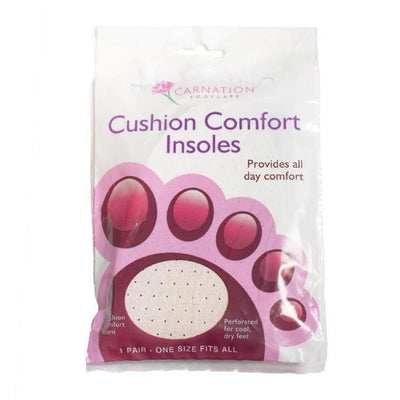 Carnation Cushion Comfort Insoles packaging with foam and perforation details.