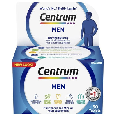 Centrum Men 30 tablets multivitamins for men’s nutritional support, energy, immunity, and muscle health.