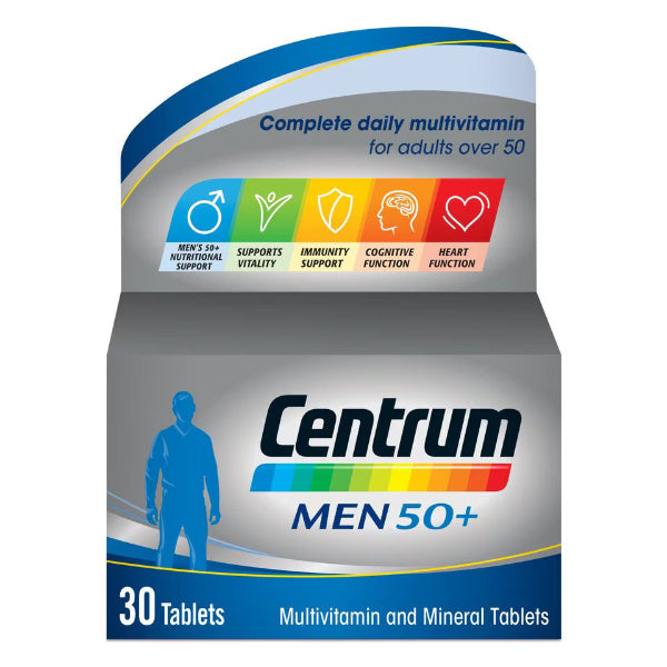 Centrum Men 50+ 30 tablets multivitamin designed for men over 50, supporting vitality, immunity, and heart function.
