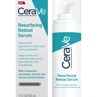 CeraVe Resurfacing Retinol Serum packaging and bottle on a white background