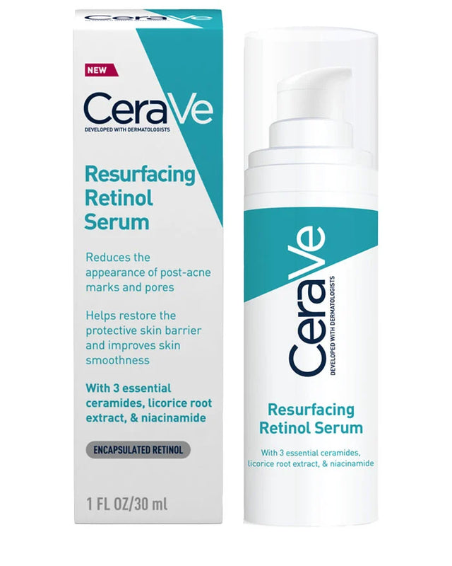 CeraVe Resurfacing Retinol Serum packaging and bottle on a white background