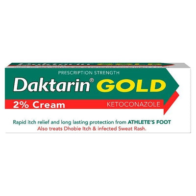 Daktarin Gold 2% Cream packaging with usage instructions and ingredients for antifungal treatment.