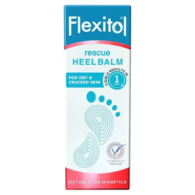 Flexitol Rescue Heel Balm packaging for dry and cracked skin with visible results in 1 day.
