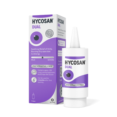 Hycosan Dual eye drop bottle and packaging on a white background
