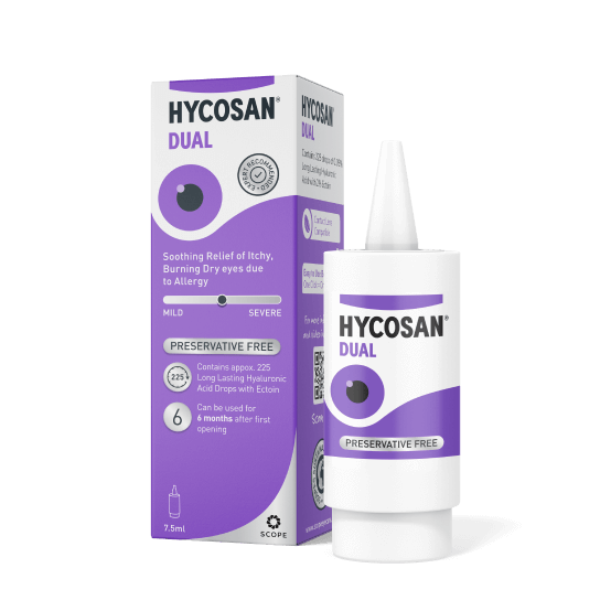 Hycosan Dual eye drop bottle and packaging on a white background