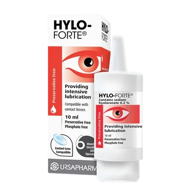 Hylo-Forte eye drop bottle and packaging on a white background