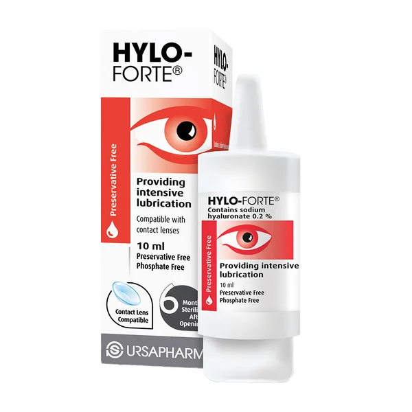HYLO-FORTE eye drop bottle and packaging on a white background