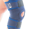 Knee support bandage in blue with a knee cap opening, secured with velcro straps.