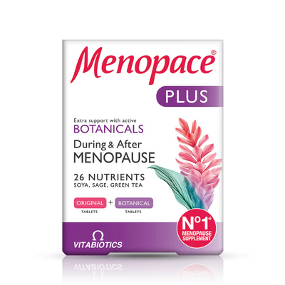 Menopace Plus 56 tablets with 26 nutrients, including soya, sage, and green tea for menopause support.
