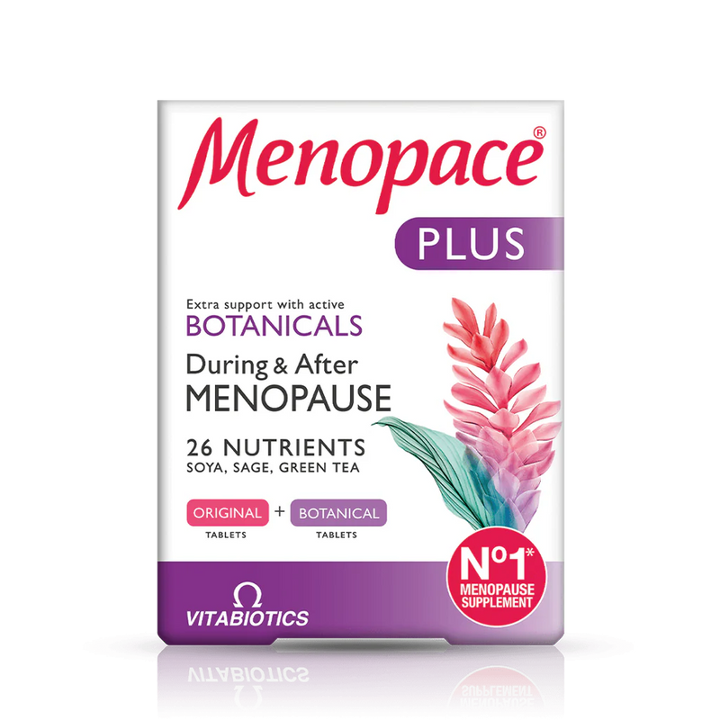 Menopace Plus 56 tablets with 26 nutrients, including soya, sage, and green tea for menopause support.
