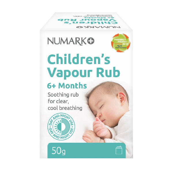 Front of Numark Children's Vapour Rub jar for babies 6 months+, helps ease colds and blocked noses.