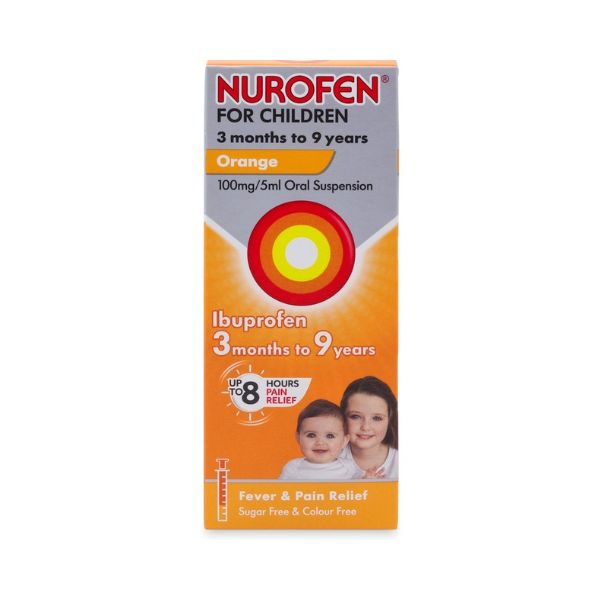Nurofen for Children Orange 100mg/5ml Ibuprofen syrup for pain and fever relief, 3 months–9 years.