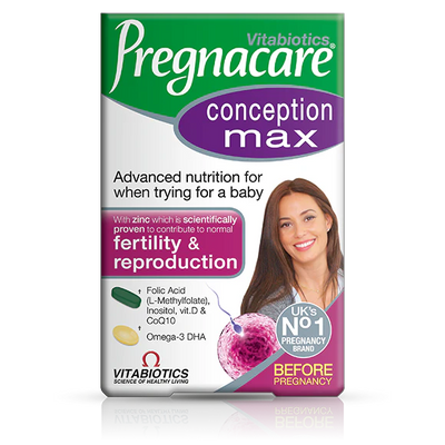 Packaging of Vitabiotics Pregnacare Conception Max with a smiling woman on the front, highlighting advanced nutrition for fertility and reproduction.