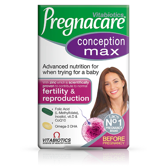 Packaging of Vitabiotics Pregnacare Conception Max with a smiling woman on the front, highlighting advanced nutrition for fertility and reproduction.