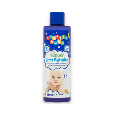 Front of Snufflebabe Vapour Bath Bubbles bottle with essential oils for calming and soothing congestion.