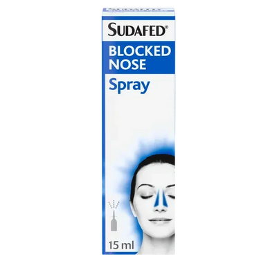 Sudafed Blocked Nose Nasal Spray 15ml: Sudafed Blocked Nose Spray 15ml box with a spray bottle icon and a face.