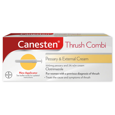Canesten Thrush Combi pack with details on treating the cause and symptoms of thrush.