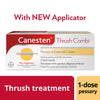 Woman smiling with Canesten Thrush Combi treatment for complete relief from thrush.