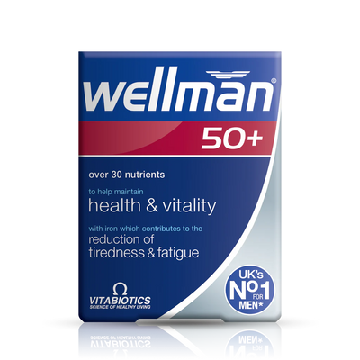 Vitabiotics Wellman 50+ front view, a multivitamin supplement for men over 50, supporting energy, immunity, heart, and overall health with essential nutrients.