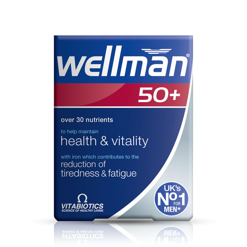Vitabiotics Wellman 50+ front view, a multivitamin supplement for men over 50, supporting energy, immunity, heart, and overall health with essential nutrients.