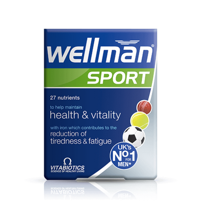 Wellman Sport supplement front view for active men's health, energy, and vitality support.