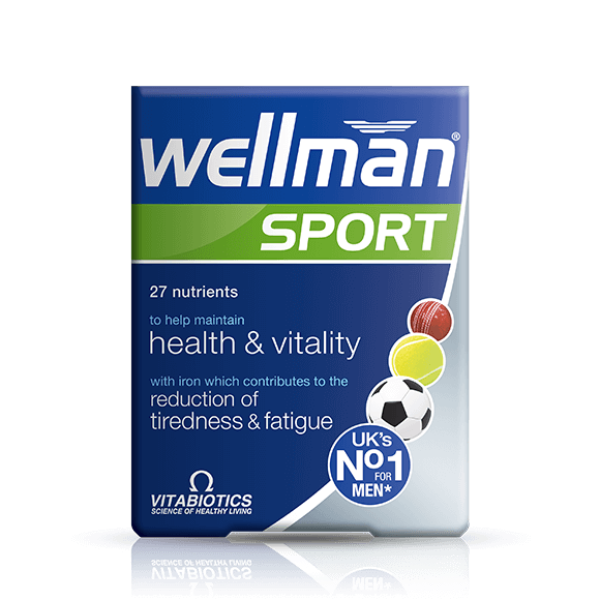 Wellman Sport supplement front view for active men's health, energy, and vitality support.