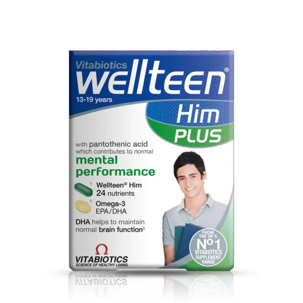 Wellteen Him Plus 56 tablets front packaging for mental performance support.