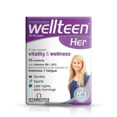 Vitabiotics Wellteen Her front pack, 30 tablets for girls aged 13-19 with 25 nutrients.