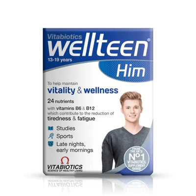 Wellteen Him front box with 30 tablets for teenagers aged 13-19 years