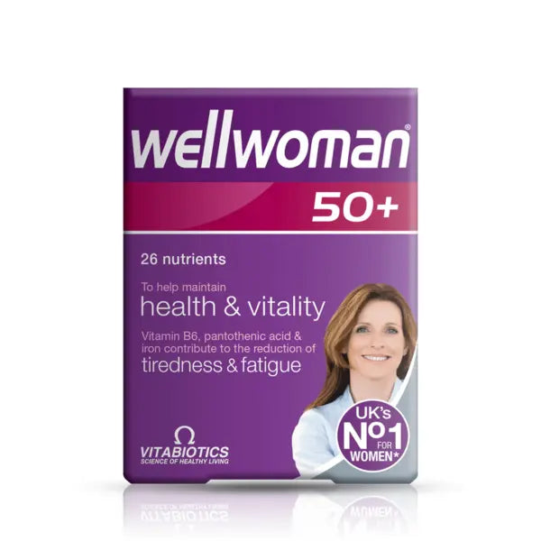 Wellwoman 50+ 30 tablets with 26 nutrients to maintain health, vitality, and reduce fatigue.