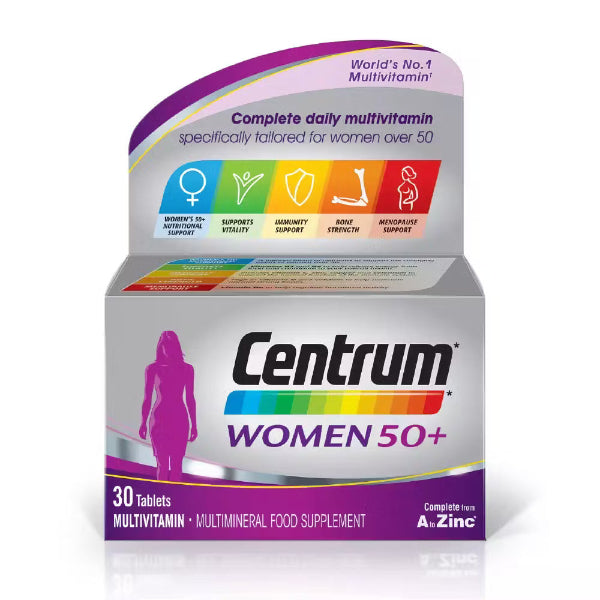 Centrum Women 50+ 30 tablets multivitamin tailored for women over 50, supporting immunity and bone health.