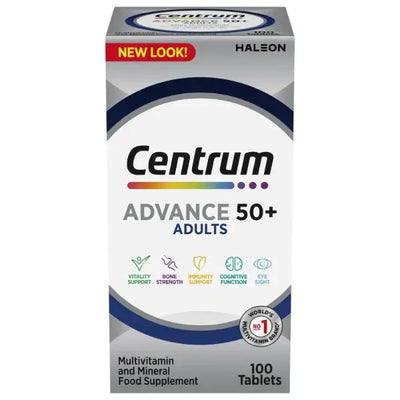 Centrum Advance 50+ (100 tablets) nutrition with essential vitamins, minerals, and antioxidants for seniors.