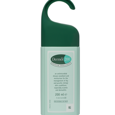 Green bottle of Dermol 200 shower emollient on a white background