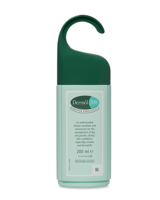 Green bottle of Dermol 200 shower emollient on a white background