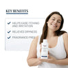 Smiling woman holding Eucerin shampoo, highlighting key benefits like dryness relief.