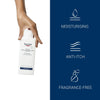 Hand holding Eucerin shampoo with icons for moisturizing, anti-itch, and fragrance-free.