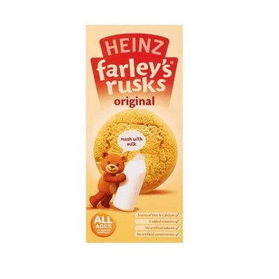 Heinz Farley's Rusks packaging with a teddy bear on a white background