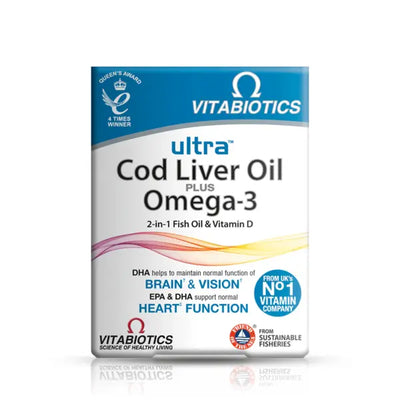Vitabiotics Ultra Cod Liver Oil Plus Omega-3 FRONT box with 60 capsules for brain, vision, and heart.