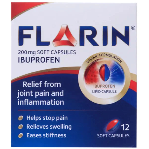 Flarin 200mg Soft Capsules (12 Pack) – Targeted ibuprofen pain relief for joint pain and inflammation.