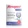 Menopace Night supplement box with 23 nutrients for menopause support, featuring chamomile and hops.